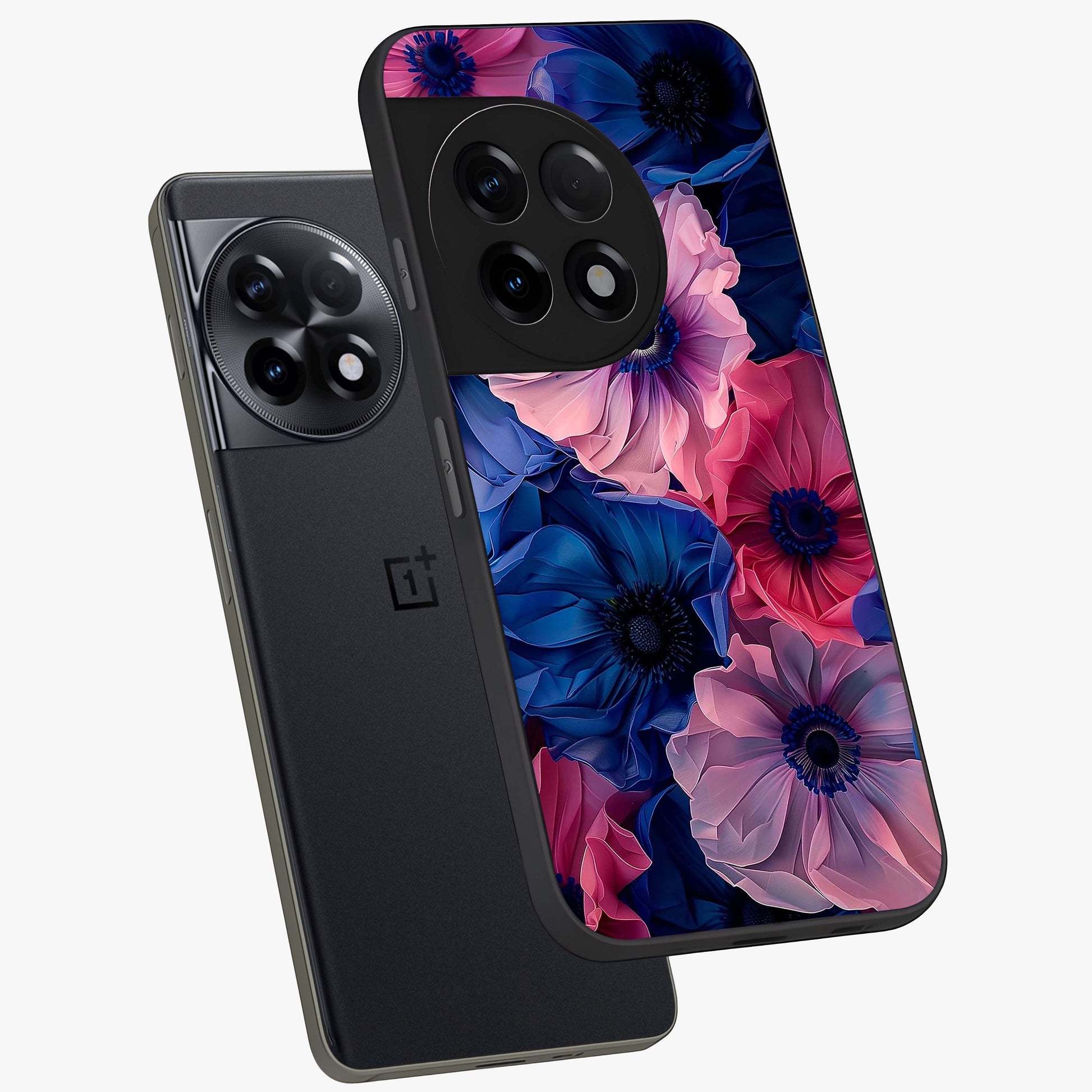 Flower Paper Art Pattern Glass Case for 1+11R angled mockup showcasing glossy finish and textured paper detailing