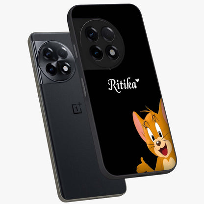 Forever Chasing Love Jerry Glass Case for 1+11R angled mockup showcasing glossy finish and vibrant character detailing