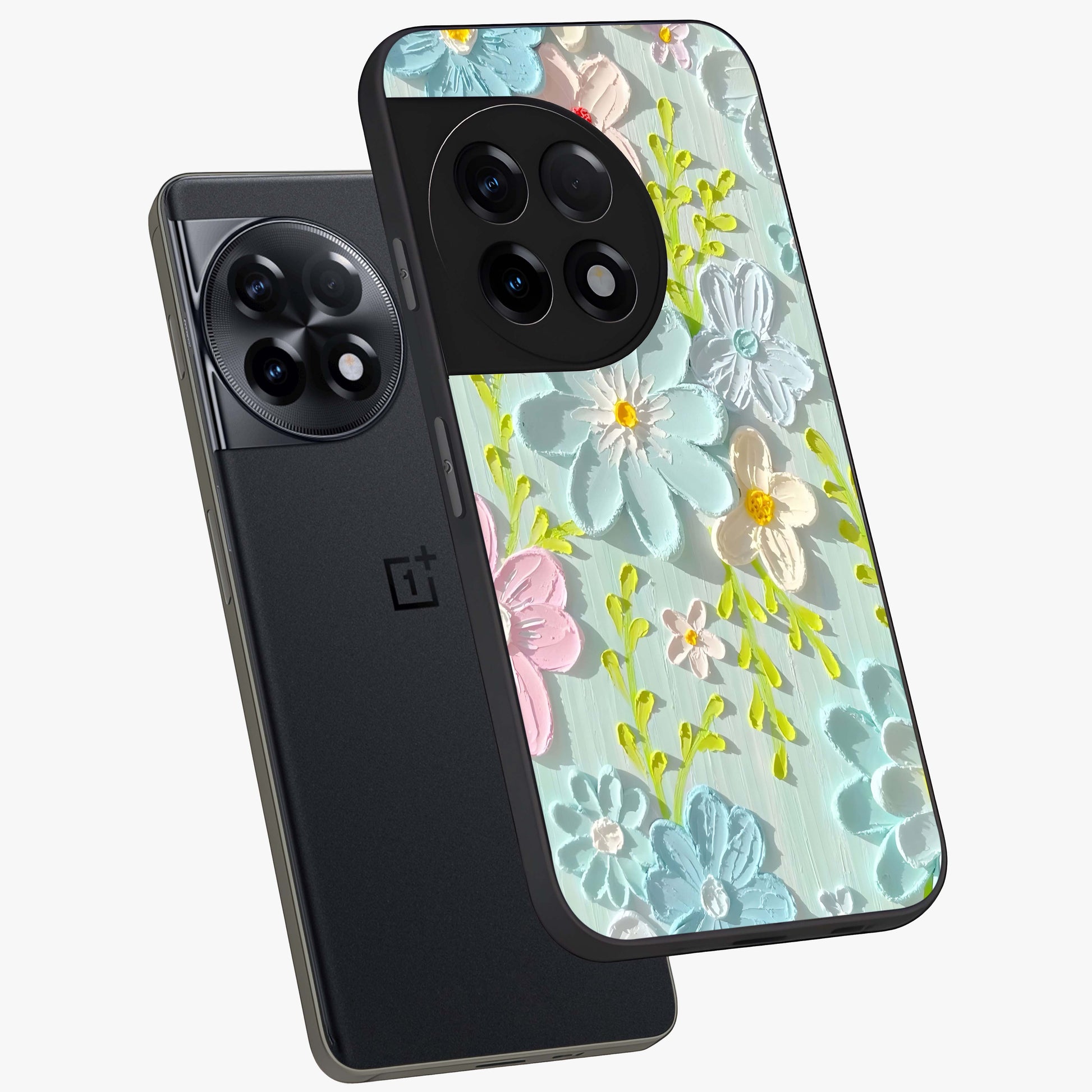 Frosted Petal Garden Glass Case for 1+11R angled mockup showcasing glossy finish and pastel bloom detailing