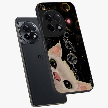 Galactic Cat Glass Case for 1+11R angled mockup showcasing glossy finish and luminous space detailing