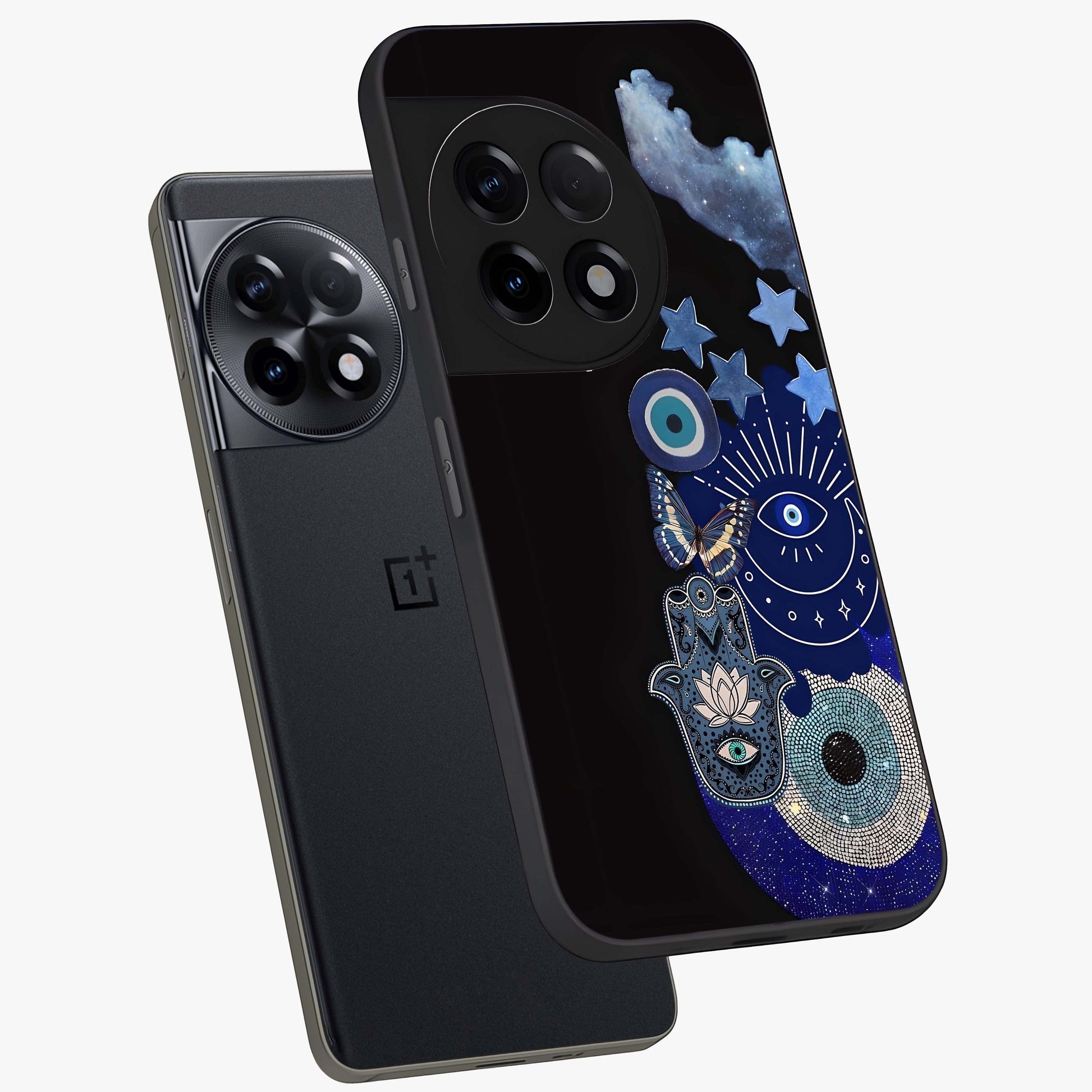 Galactic Charm Cluster Glass Case for 1+11R angled mockup showcasing glossy finish and vibrant star detailing