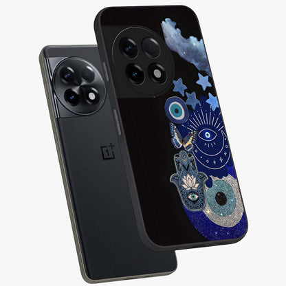 Galactic Charm Cluster Glass Case for 1+11R angled mockup showcasing glossy finish and vibrant star detailing