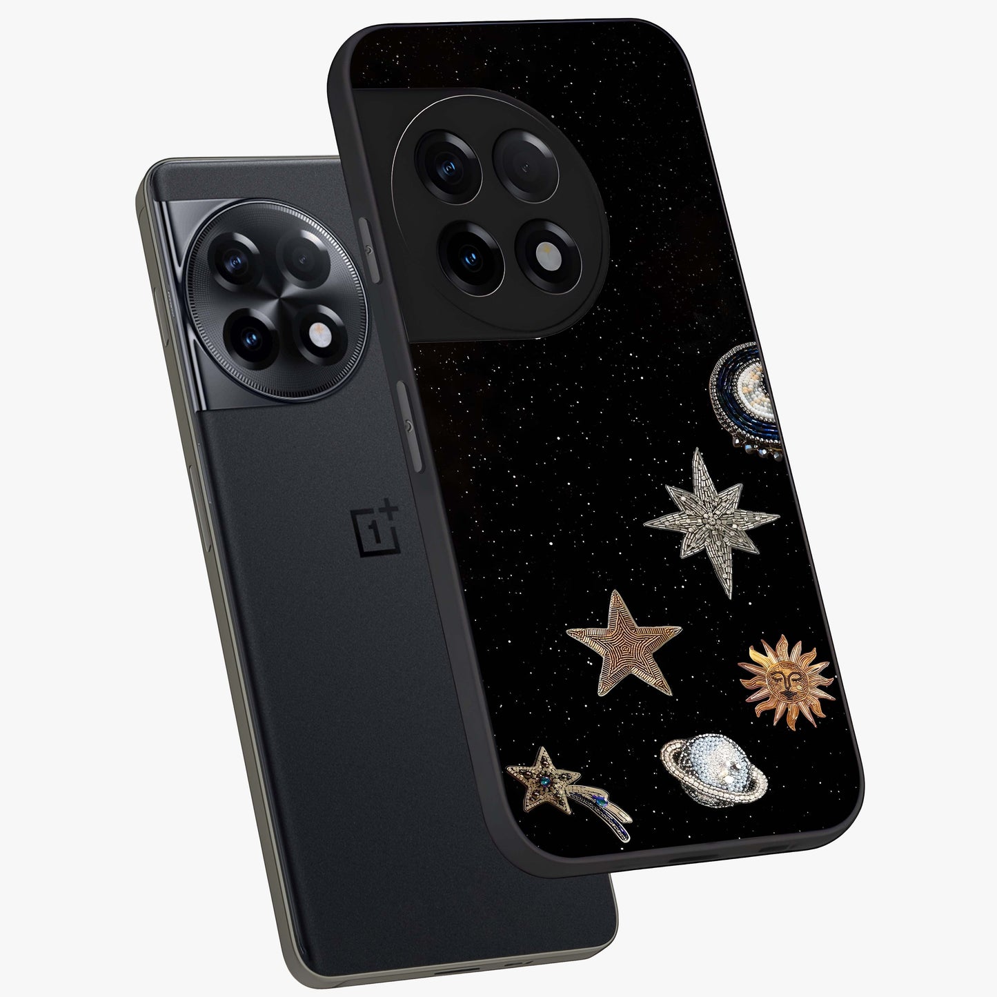 Galactic Charm Glow Glass Case for 1+11R angled mockup showcasing glossy glass finish and luminous galaxy tones