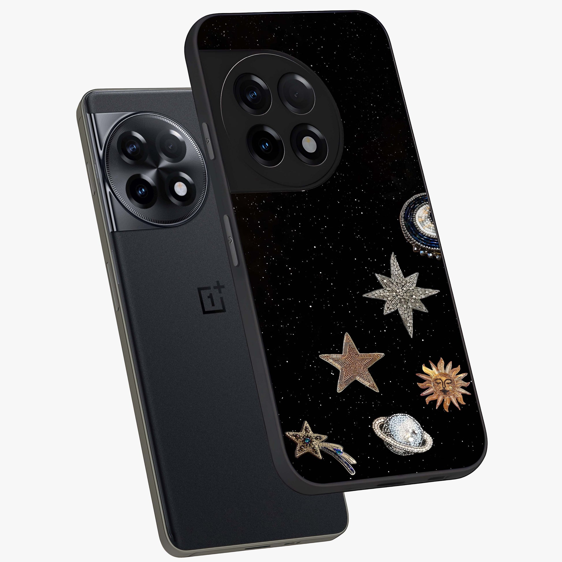 Galactic Charm Glow Glass Case for 1+11R angled mockup showcasing glossy glass finish and luminous galaxy tones