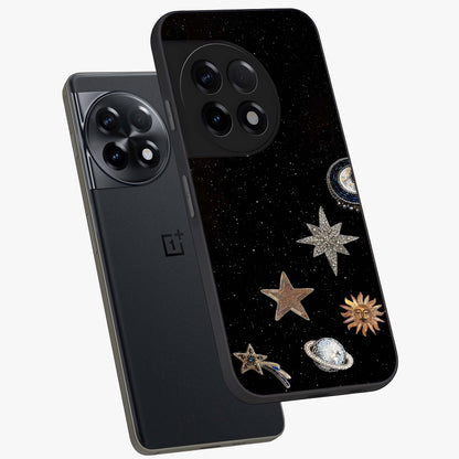 Galactic Charm Glow Glass Case for 1+11R angled mockup showcasing glossy glass finish and luminous galaxy tones