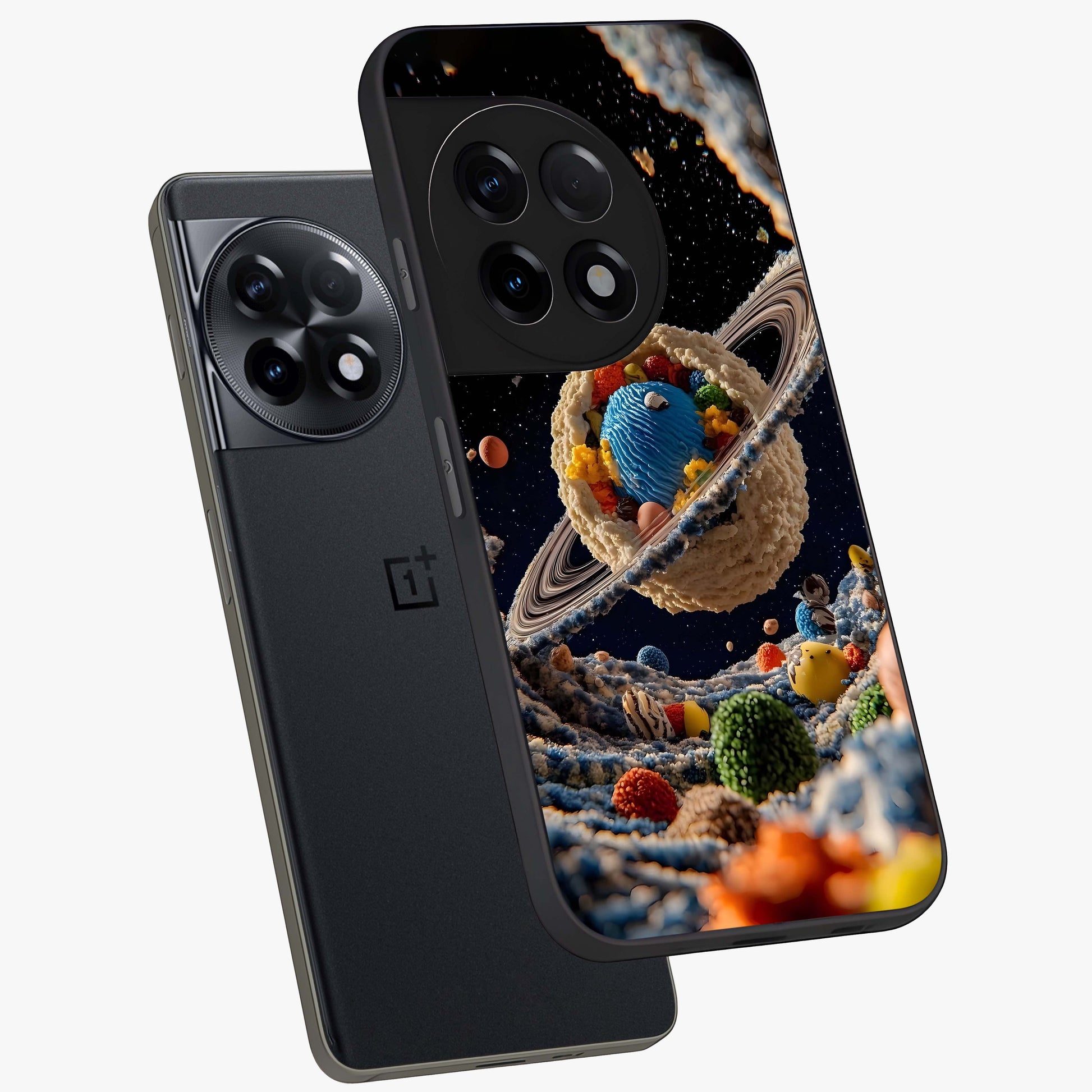Galactic Dessert Dream Printed Glass Case for 1+11R angled mockup showcasing glossy finish and colorful galaxy tones