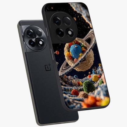Galactic Dessert Dream Printed Glass Case for 1+11R angled mockup showcasing glossy finish and colorful galaxy tones