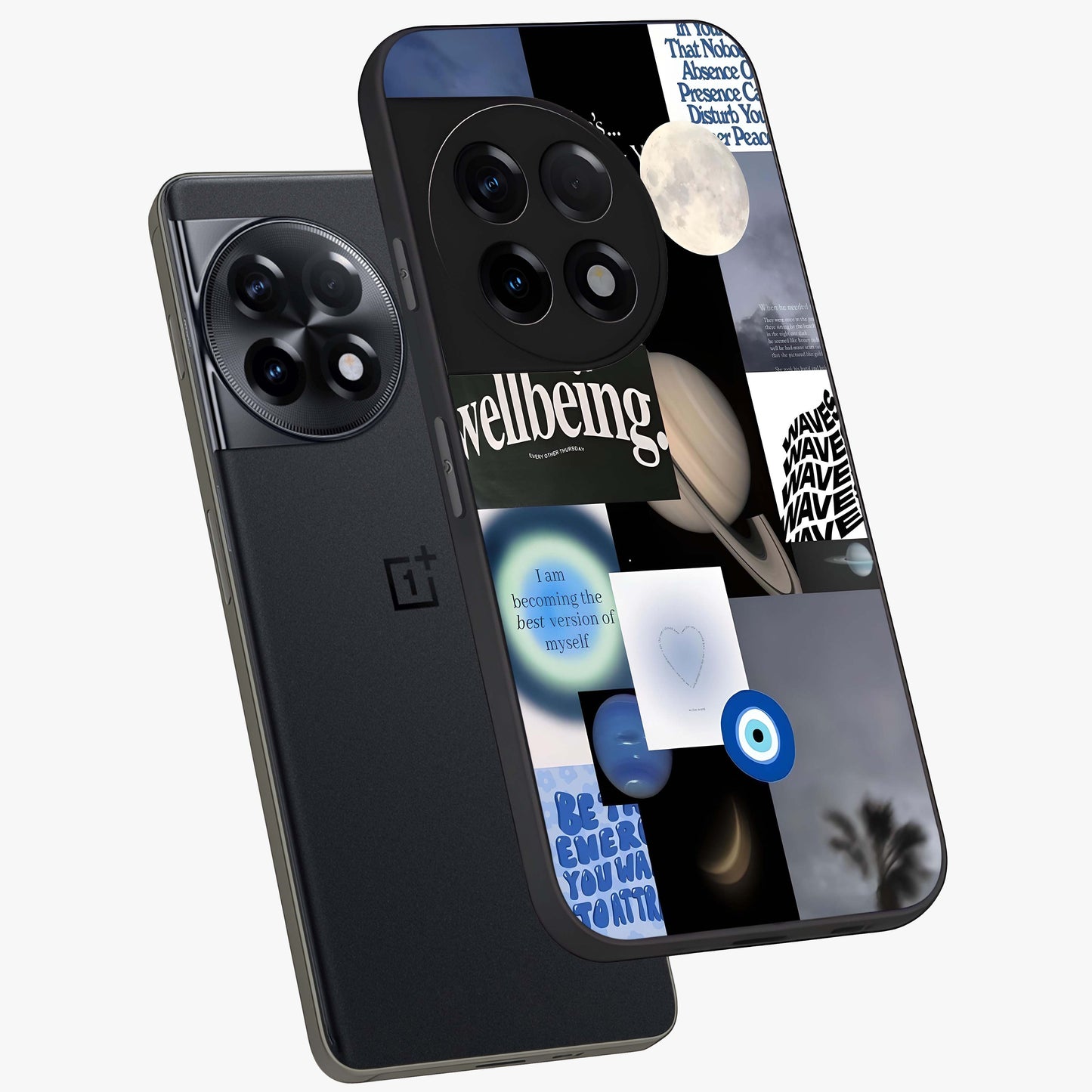 Galactic Energy Collage Glass Case for 1+11R angled mockup showcasing glossy finish and vibrant space textures