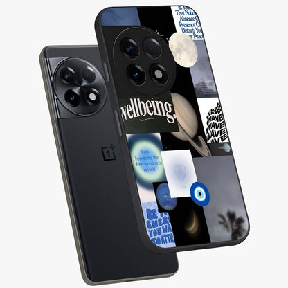 Galactic Energy Collage Glass Case for 1+11R angled mockup showcasing glossy finish and vibrant space textures
