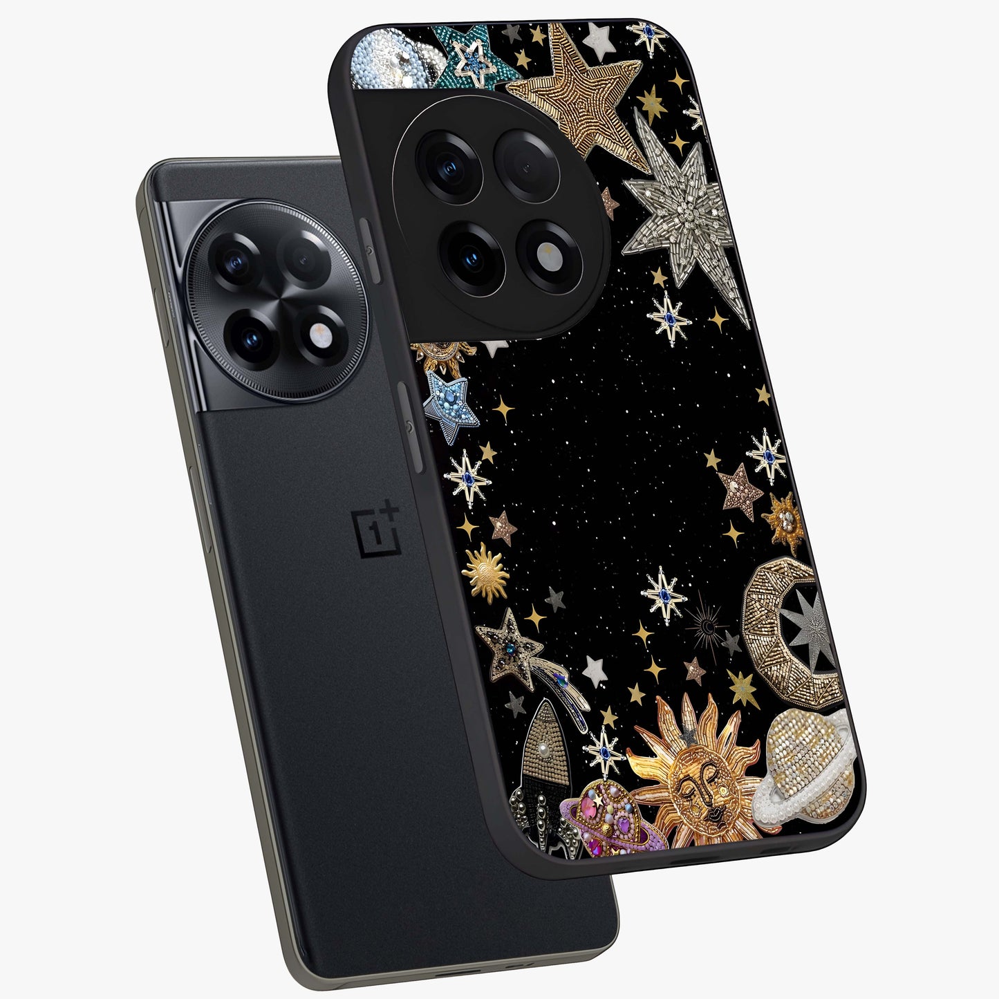 Galactic Jewel Stars Glass Case for 1+11R angled mockup showcasing glossy finish and radiant cosmic tones