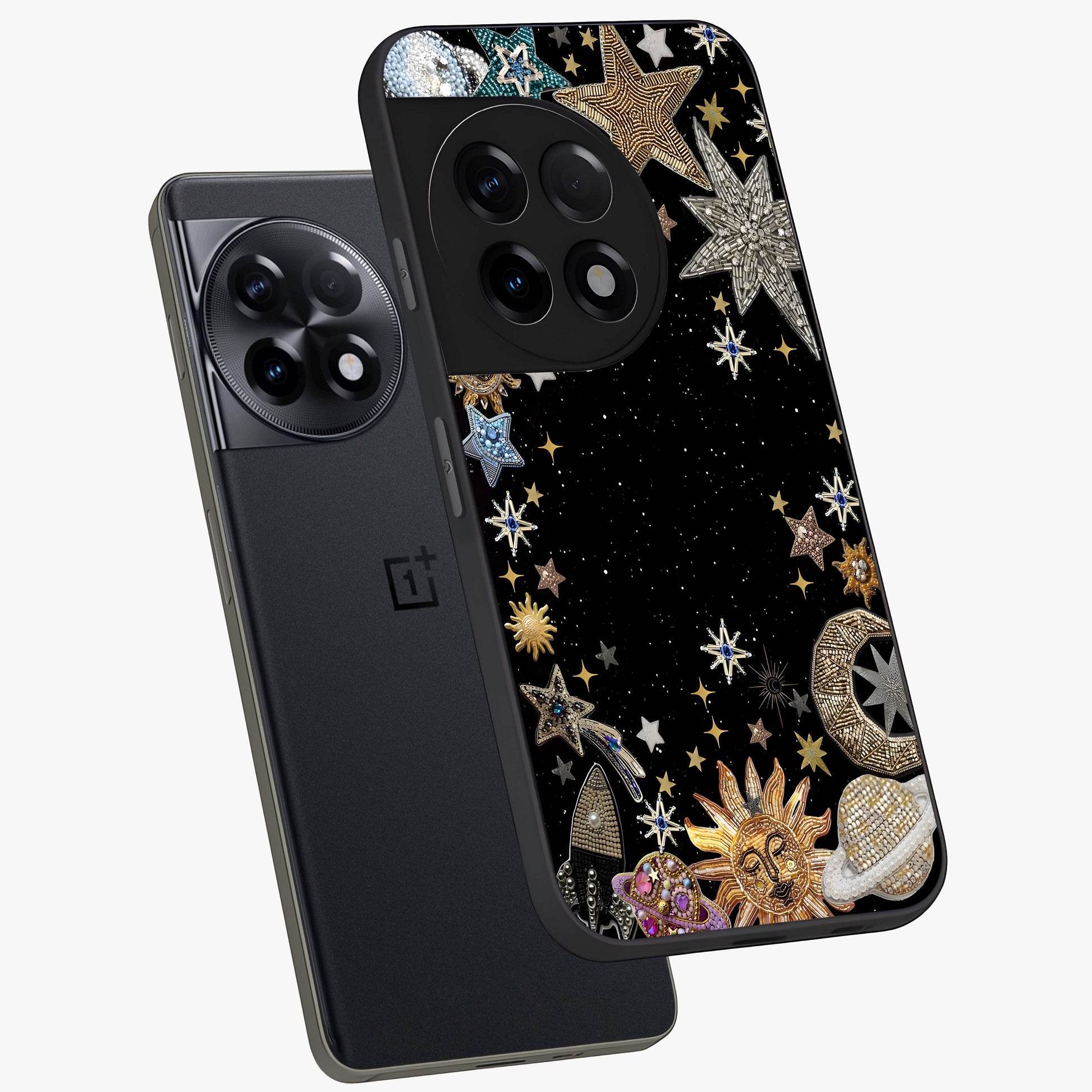 Galactic Jewel Stars Glass Case for 1+11R angled mockup showcasing glossy finish and radiant cosmic tones