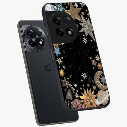 Galactic Jewel Stars Glass Case for 1+11R angled mockup showcasing glossy finish and radiant cosmic tones