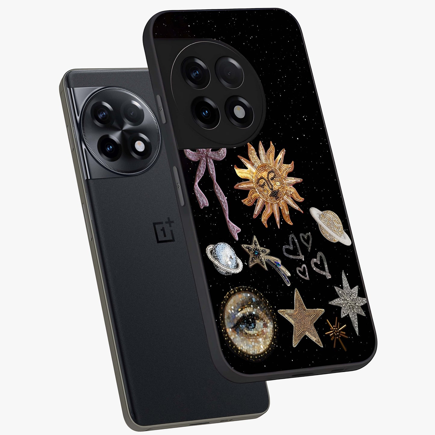 Galactic Sun Charm Glass Case for 1+11R angled mockup showcasing glossy finish and warm galaxy tones
