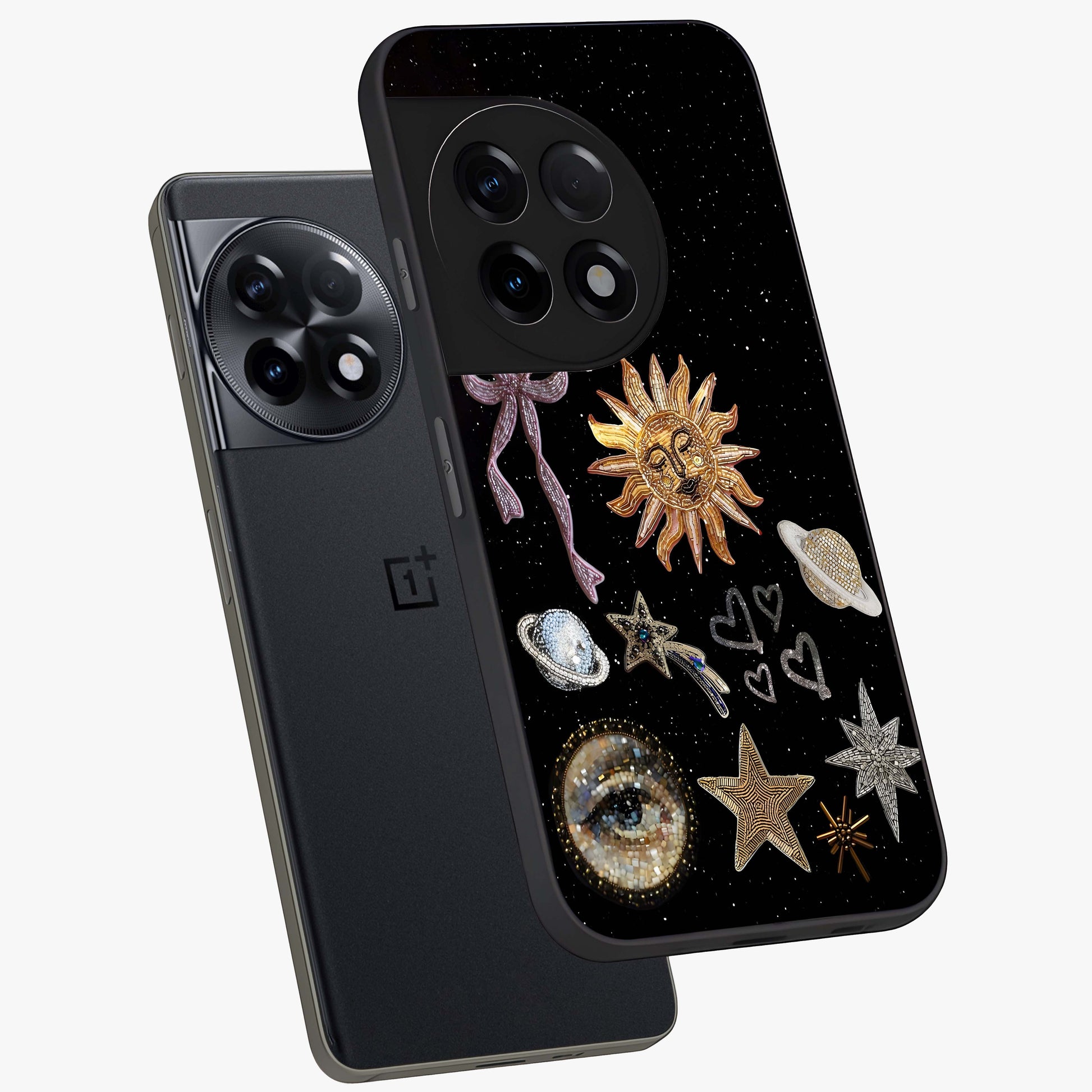 Galactic Sun Charm Glass Case for 1+11R angled mockup showcasing glossy finish and warm galaxy tones