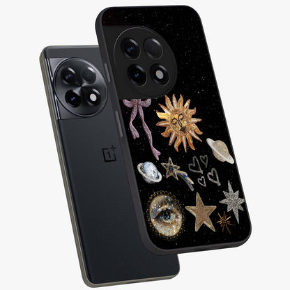 Galactic Sun Charm Glass Case for 1+11R angled mockup showcasing glossy finish and warm galaxy tones
