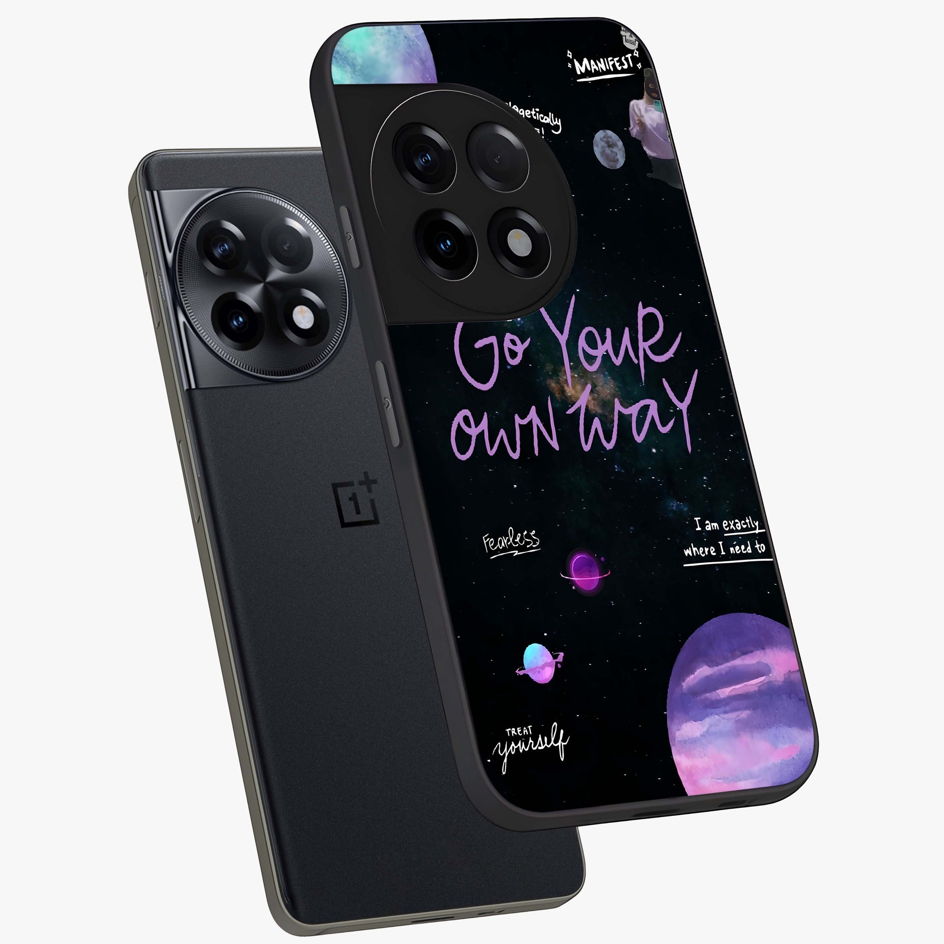 Galactic Vibes Universe Glass Case for 1+11R angled mockup showcasing glossy finish and deep space gradients