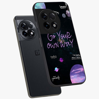 Galactic Vibes Universe Glass Case for 1+11R angled mockup showcasing glossy finish and deep space gradients