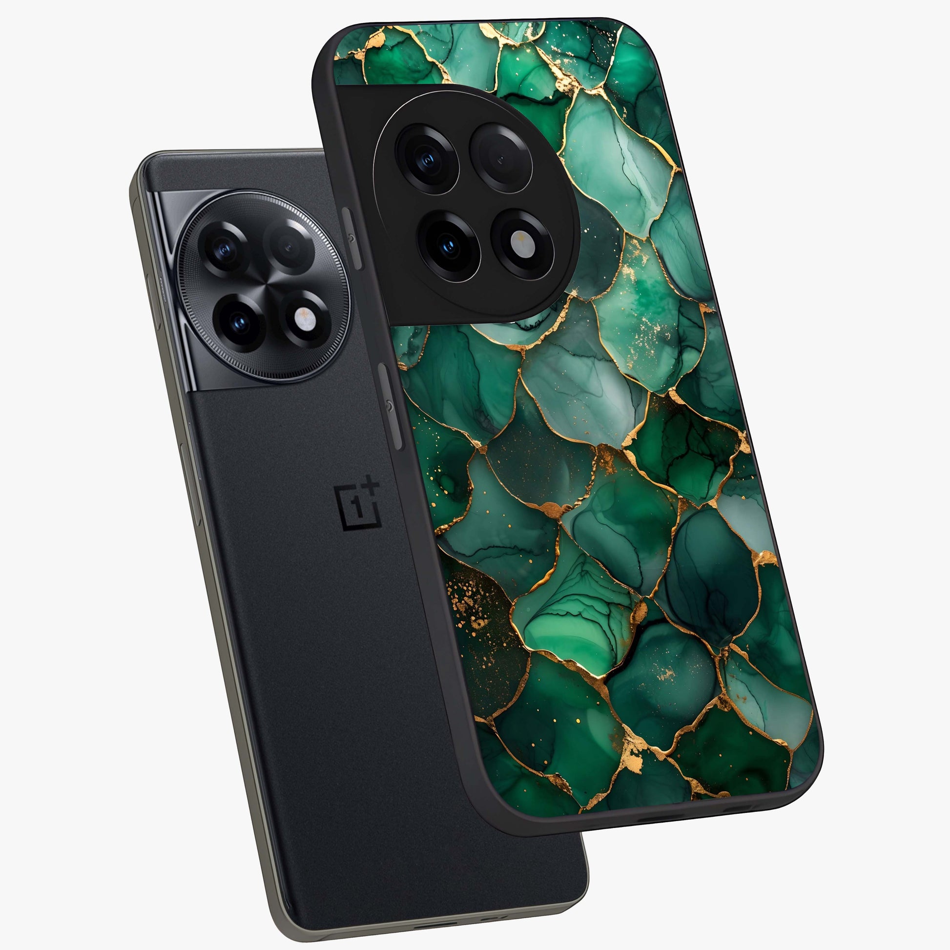 Geometric Polyester Pattern Glass Case for 1+11R angled mockup showcasing glossy finish and clean structured detailing