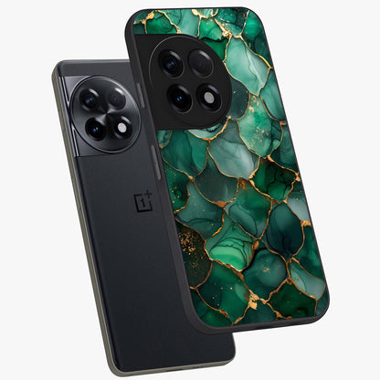 Geometric Polyester Pattern Glass Case for 1+11R angled mockup showcasing glossy finish and clean structured detailing
