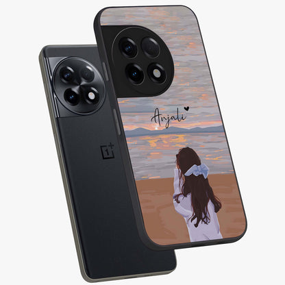 Girl Facing Sunset Beach Glass Case for 1+11R angled mockup showcasing glossy glass finish and warm beach tones