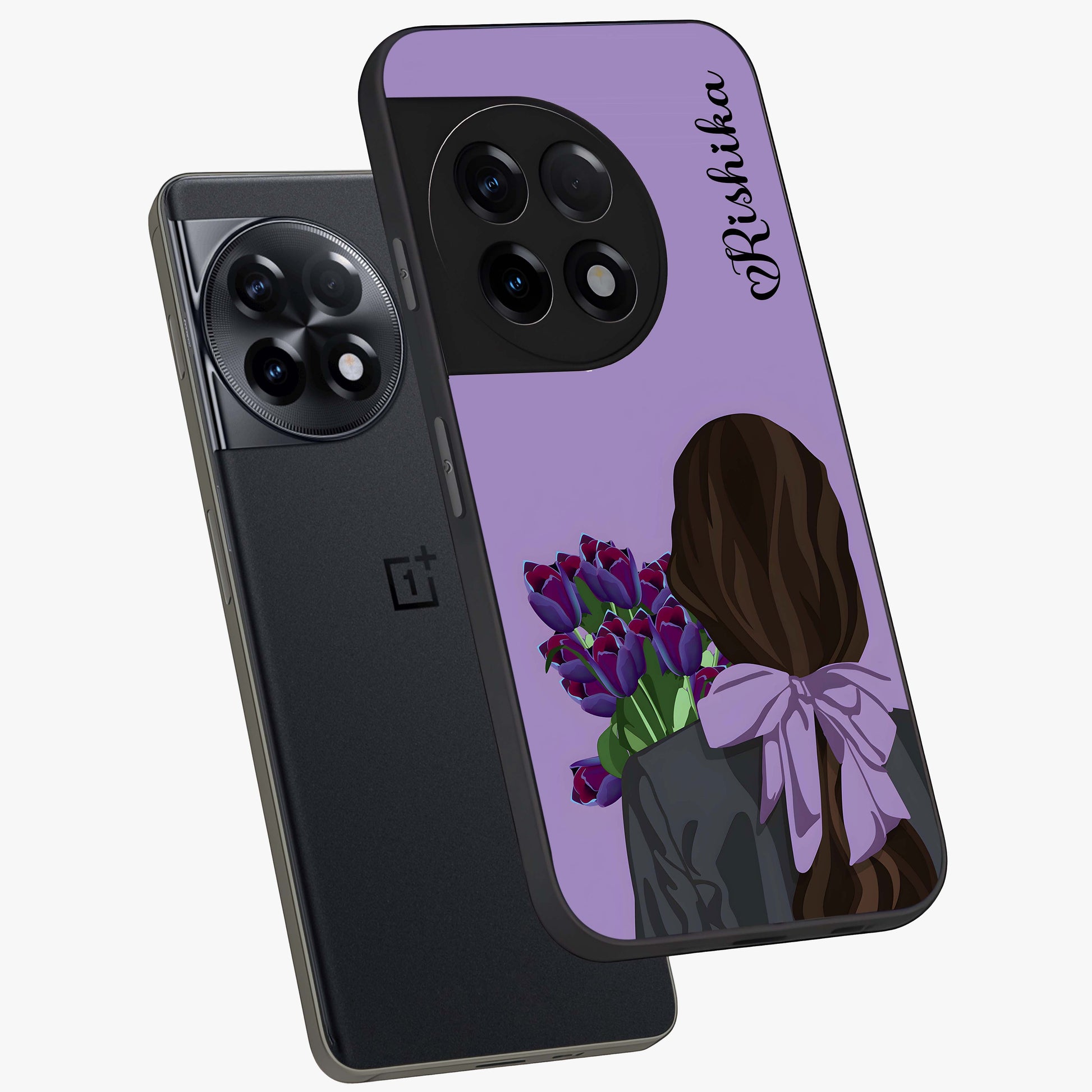 Girl Holding Flowers Glass Case for 1+11R angled mockup showcasing glossy finish and pastel bloom tones