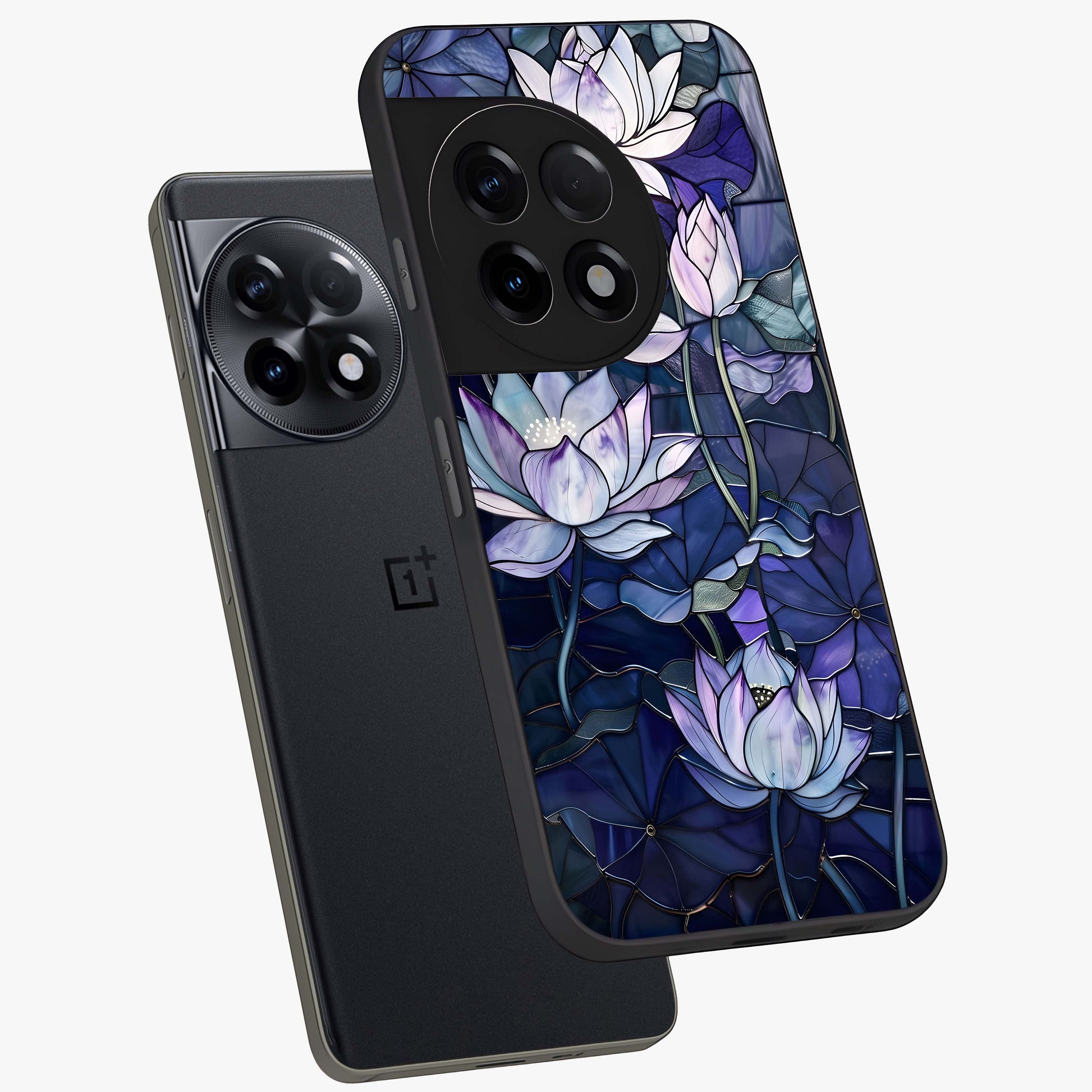 Gloss Petal Rush Glass Case for 1+11R angled mockup showcasing shiny glass finish and vibrant bloom detailing