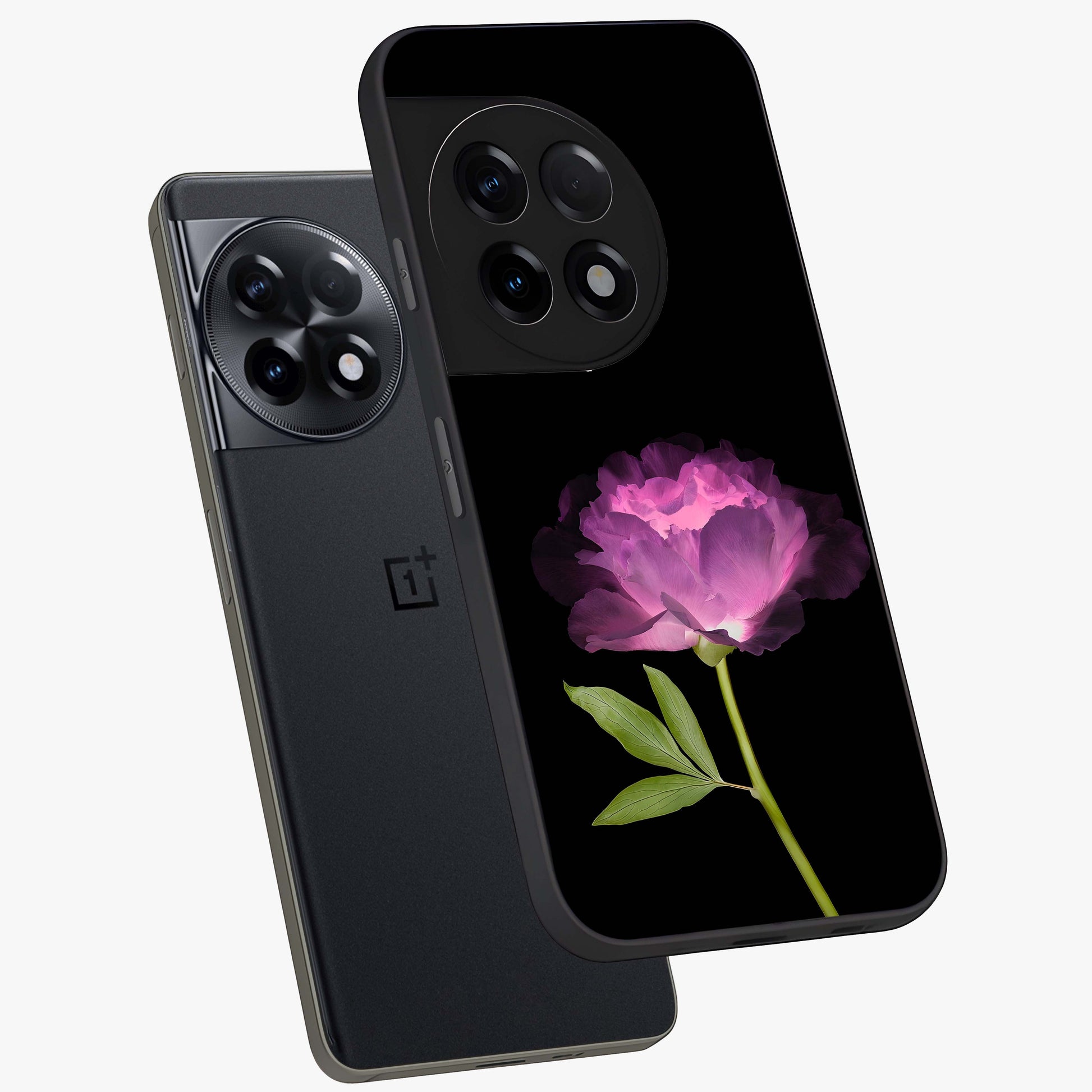 Glow Petal Bloom Glass Case for 1+11R angled mockup showcasing glossy finish and vibrant petal detailing