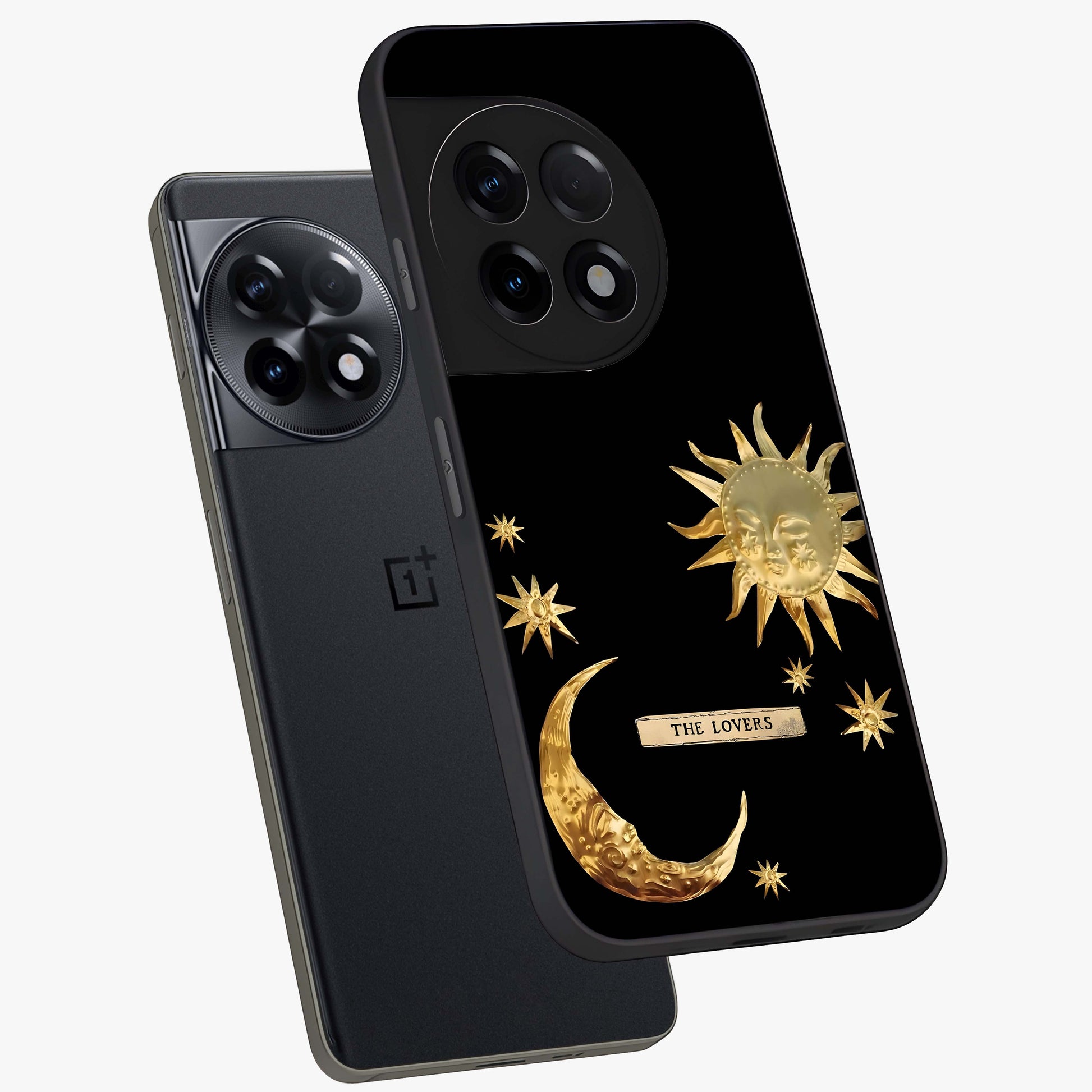 Golden Crescent Mood Glass Case for 1+11R angled mockup showcasing glossy finish and subtle night gradients
