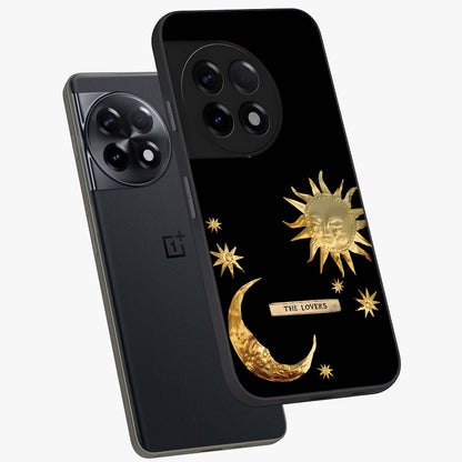 Golden Crescent Mood Glass Case for 1+11R angled mockup showcasing glossy finish and subtle night gradients