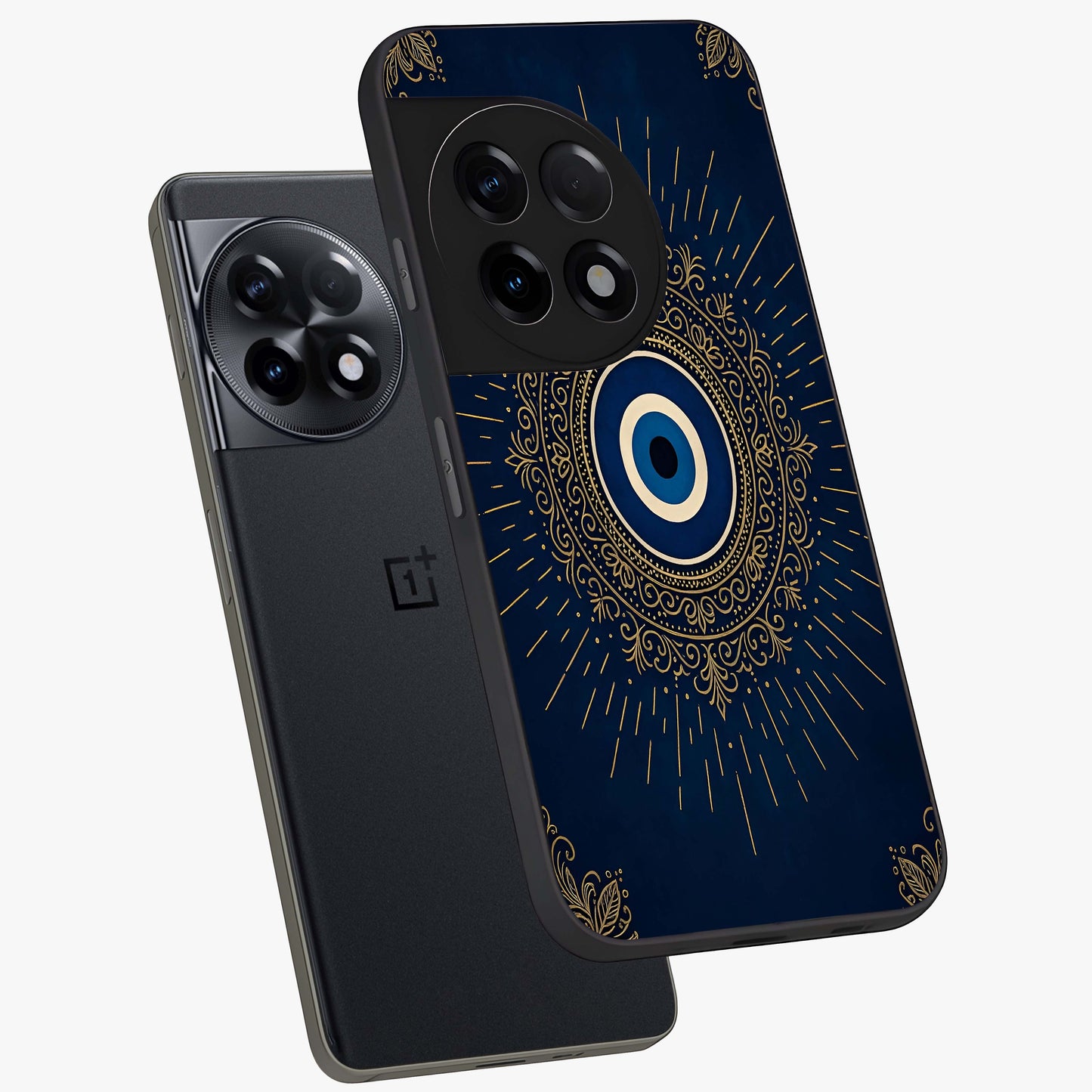 Golden Heart Glow Glass Case for 1+11R angled mockup showcasing glossy finish and radiant warm tones