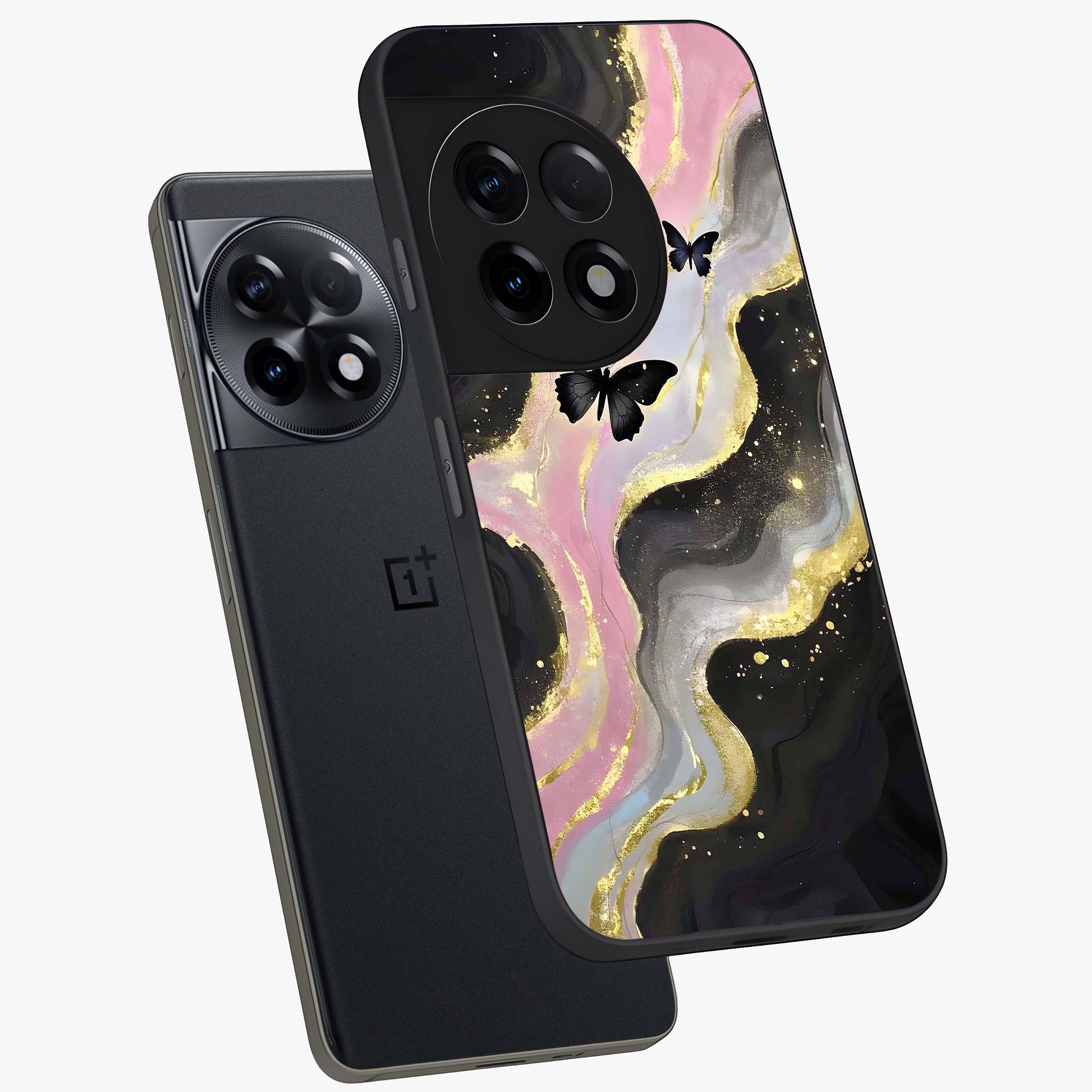 Golden Moon Horizon Glass Case for 1+11R angled mockup showcasing glossy finish and warm gradient tones