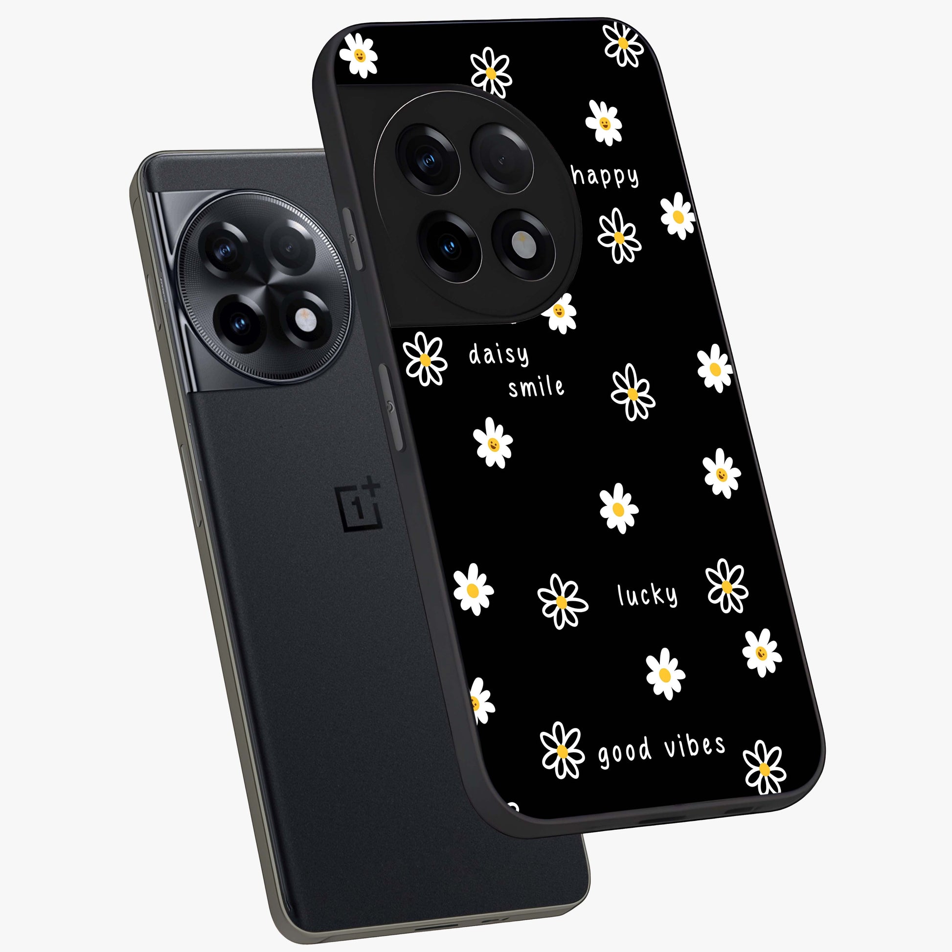 Good Vibes Daisy Black Pattern Glass Case for 1+11R angled mockup showcasing glossy finish and bold floral contrast