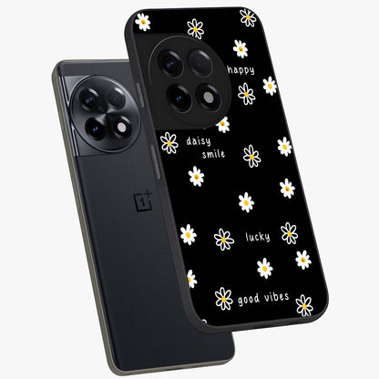 Good Vibes Daisy Black Pattern Glass Case for 1+11R angled mockup showcasing glossy finish and bold floral contrast