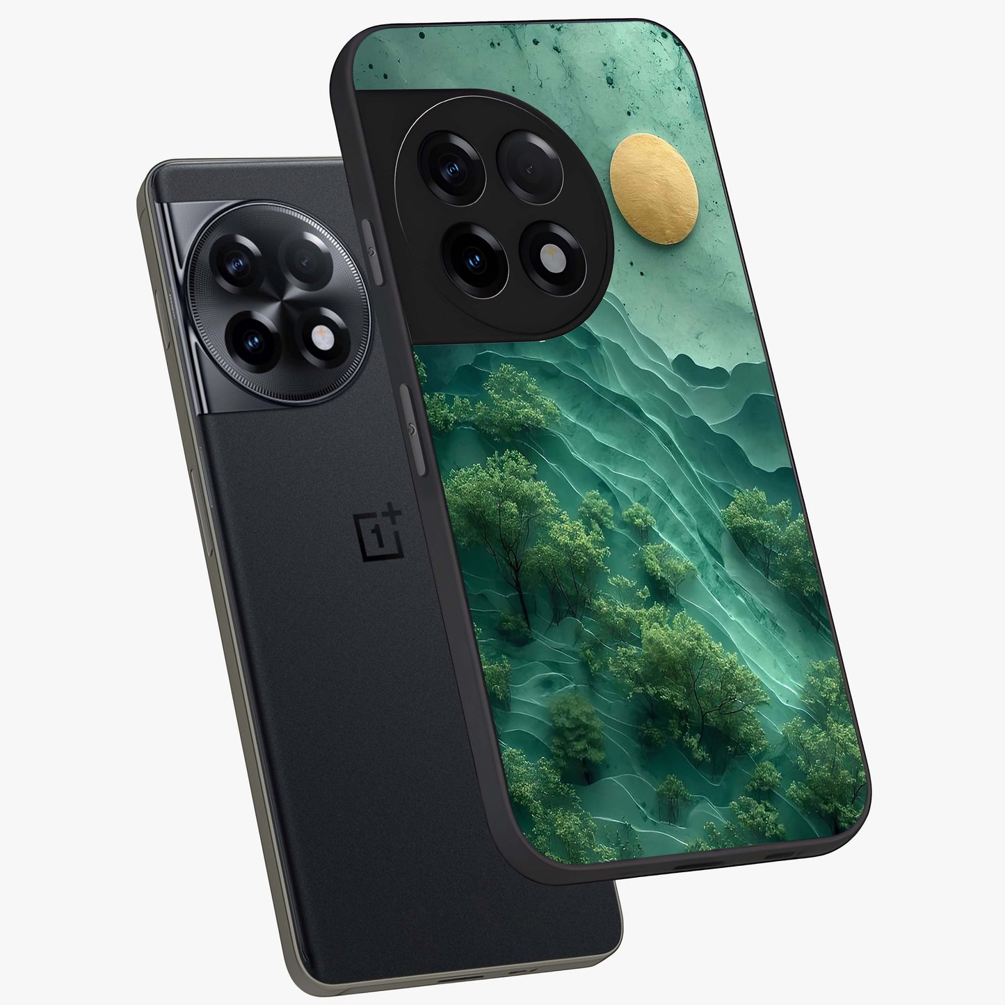 Green Hills With Sun Glass Case for 1+11R angled mockup showcasing glossy finish and natural gradient tones