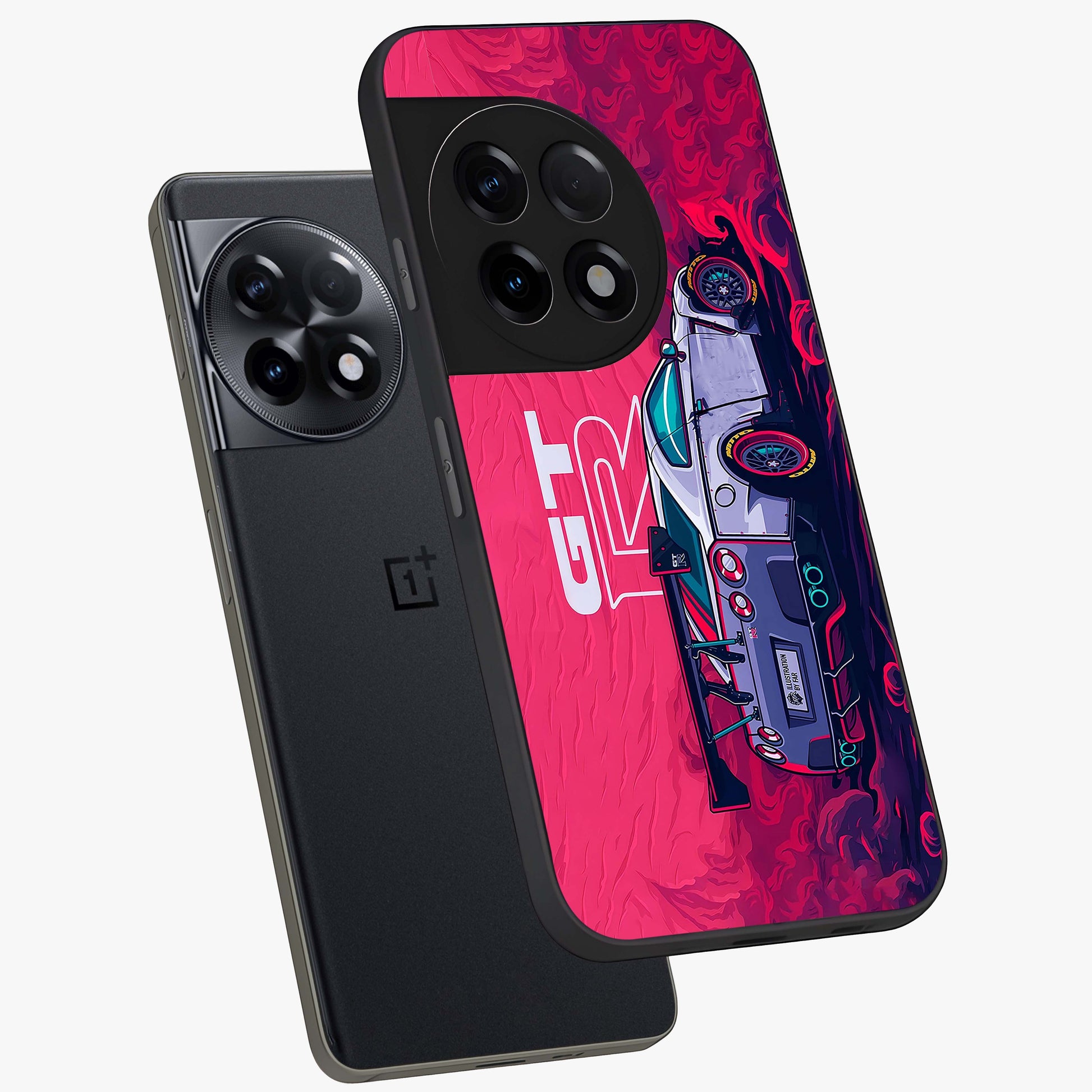 Gt R Car Pattern Glass Case for 1+11R angled mockup showcasing glossy finish and sporty detailing