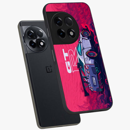 Gt R Car Pattern Glass Case for 1+11R angled mockup showcasing glossy finish and sporty detailing
