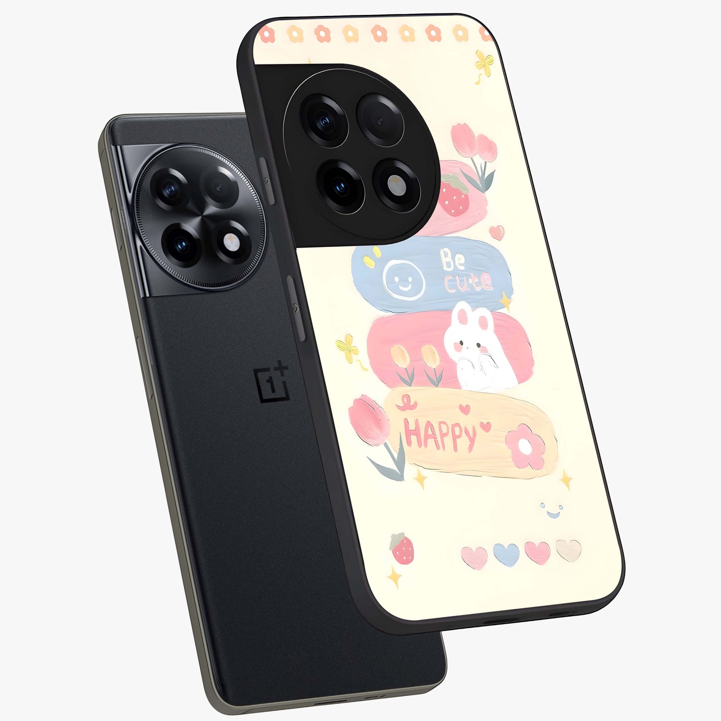 Happy Cute Bunny Glass Case for 1+11R angled mockup showcasing glossy finish and soft pastel tones