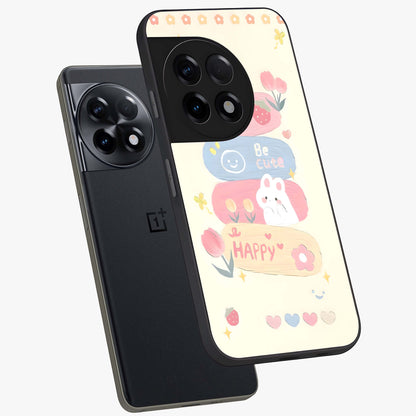 Happy Cute Bunny Glass Case for 1+11R angled mockup showcasing glossy finish and soft pastel tones