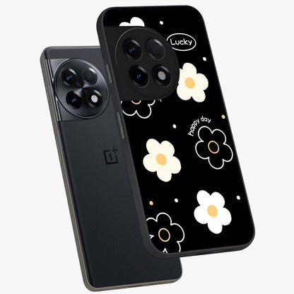 Happy Day Daisy Glass Case for 1+11R angled mockup showcasing glossy finish and vibrant bloom tones