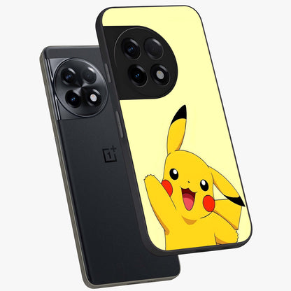 Happy Electric Pikachu Glass Case for 1+11R angled mockup showcasing glossy finish and vibrant yellow tones