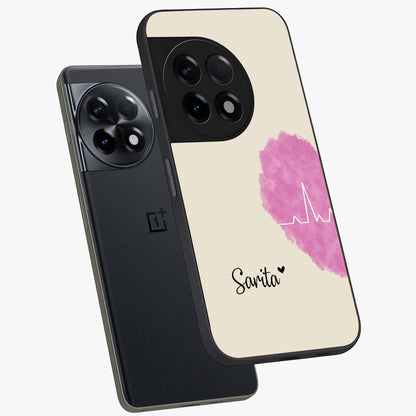 Heartbeat of Love Glass Case for 1+11R angled mockup showcasing glossy finish and warm red tones