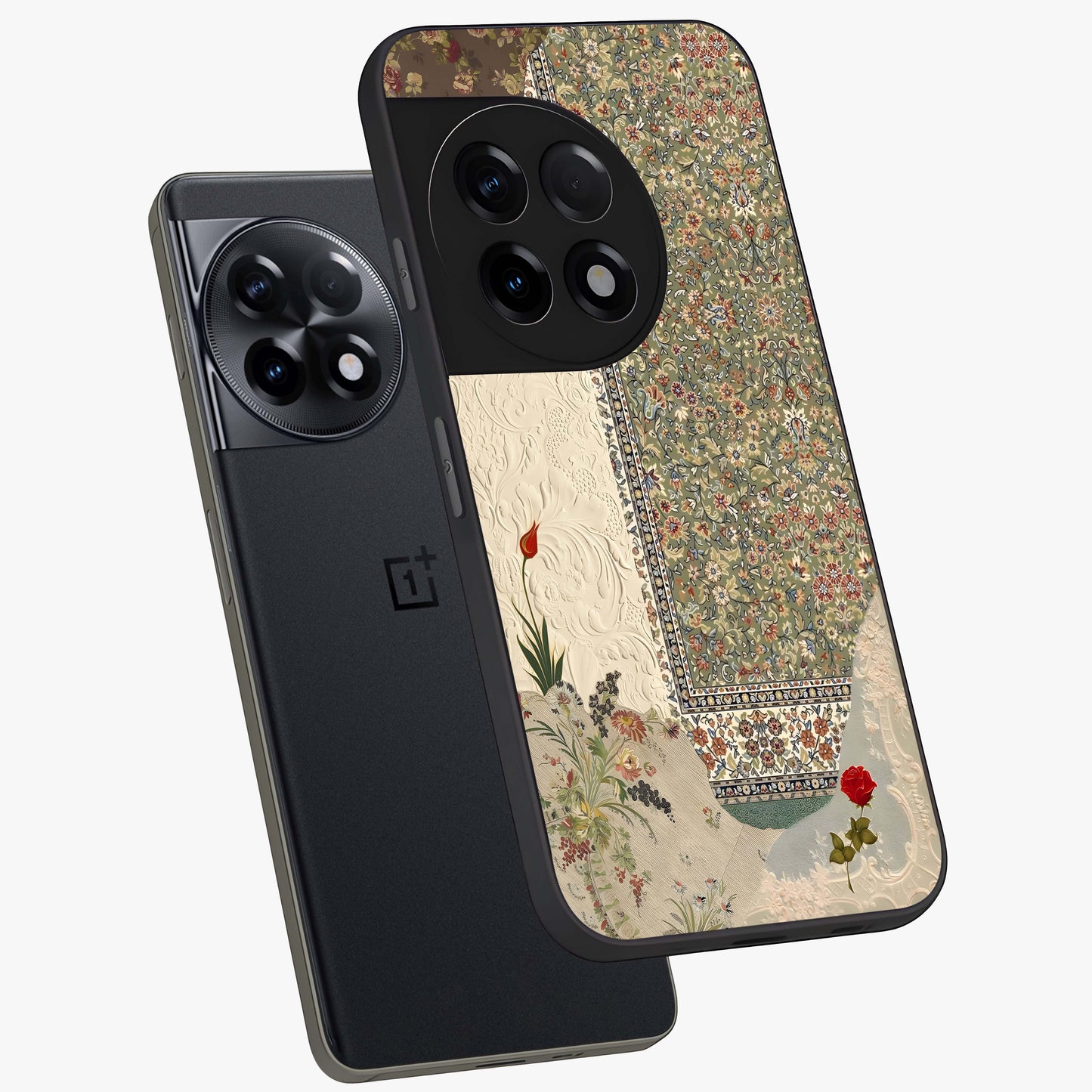 Heritage Textile Layers Glass Case for 1+11R captured at a warm angle highlighting rich fabric patterns, gloss, and edge clarity.