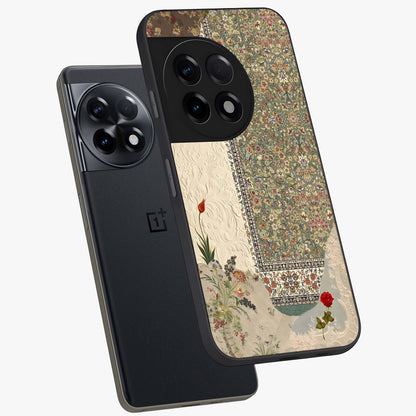 Heritage Textile Layers Glass Case for 1+11R captured at a warm angle highlighting rich fabric patterns, gloss, and edge clarity.