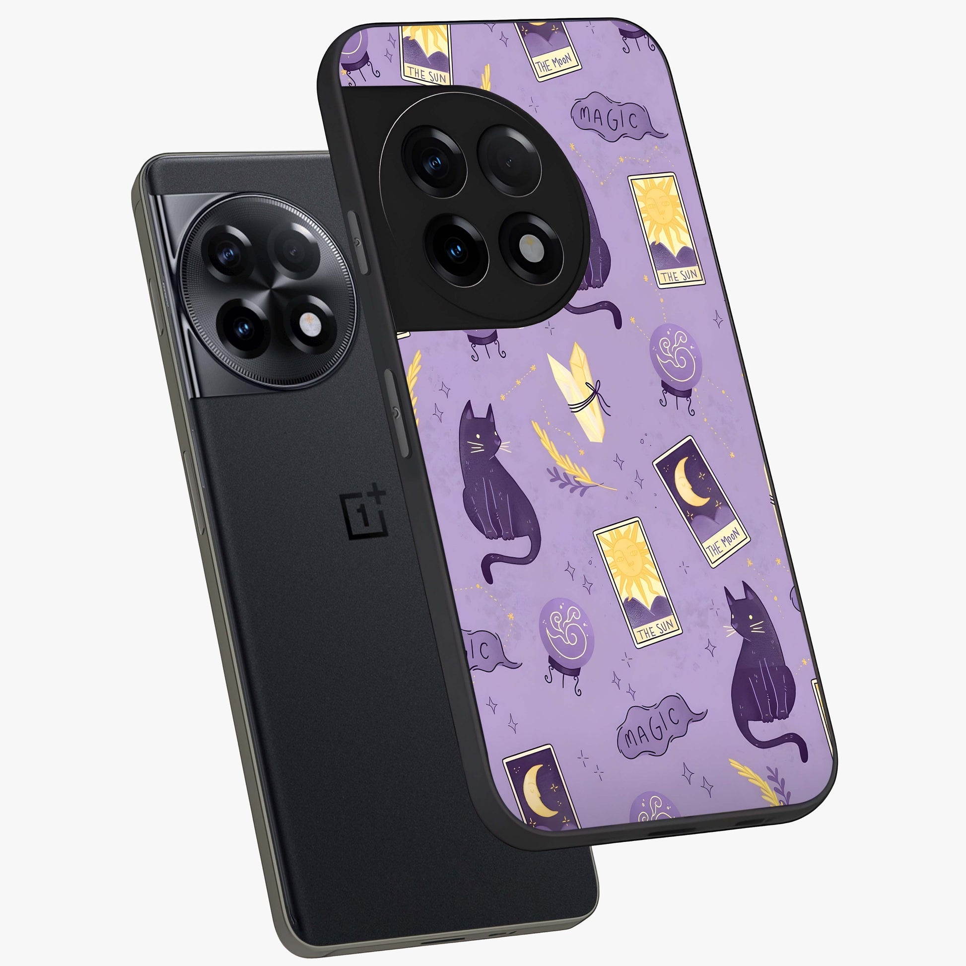 Humble Magic Cats Glass Case for 1+11R captured at a warm angle highlighting playful magical details, gloss, and edge clarity.