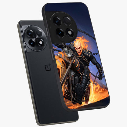 Inferno Chain Rider Glass Case for 1+11R captured at a warm angle highlighting intense flame details, gloss, and edge clarity.