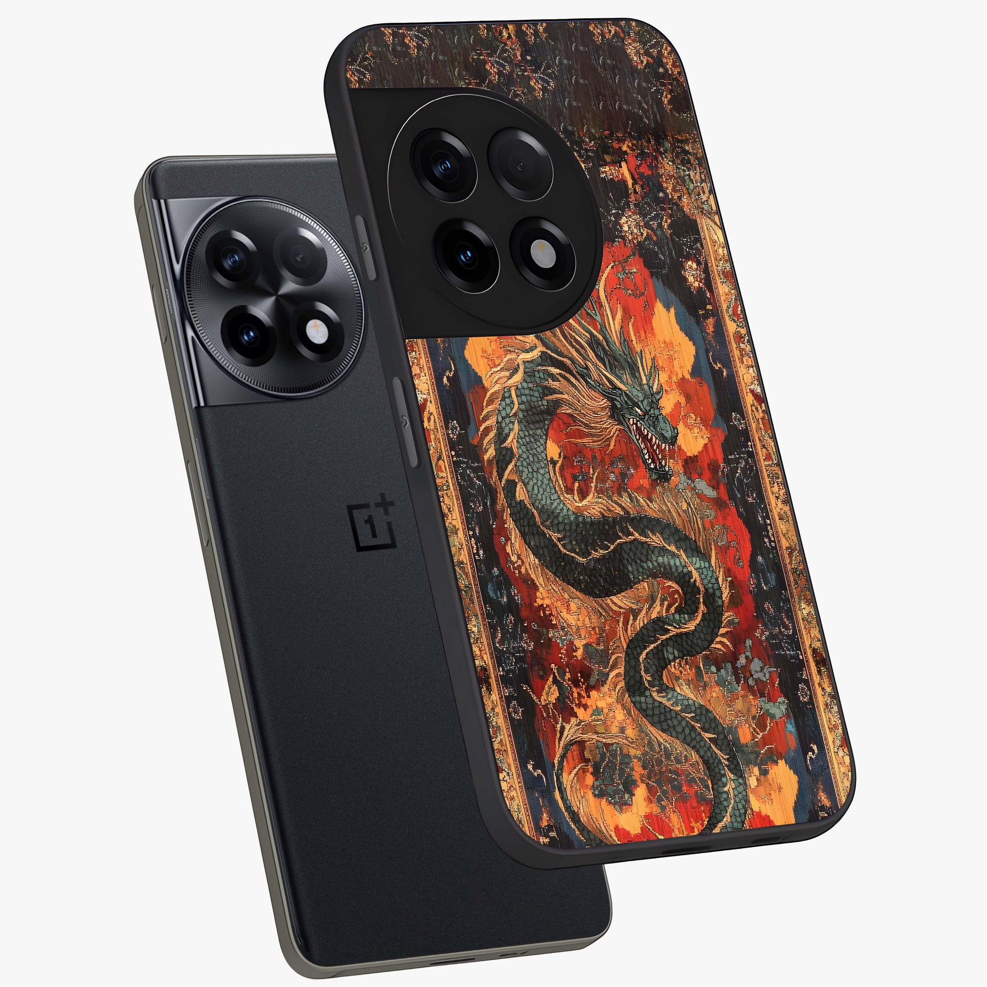 Inferno Dragon Soul Glass Case for 1+11R captured at a warm angle highlighting fierce fire tones, gloss, and edge clarity.