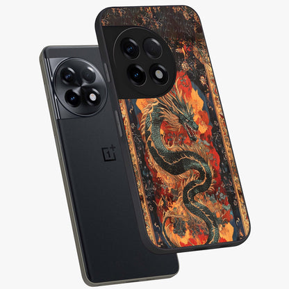 Inferno Dragon Soul Glass Case for 1+11R captured at a warm angle highlighting fierce fire tones, gloss, and edge clarity.