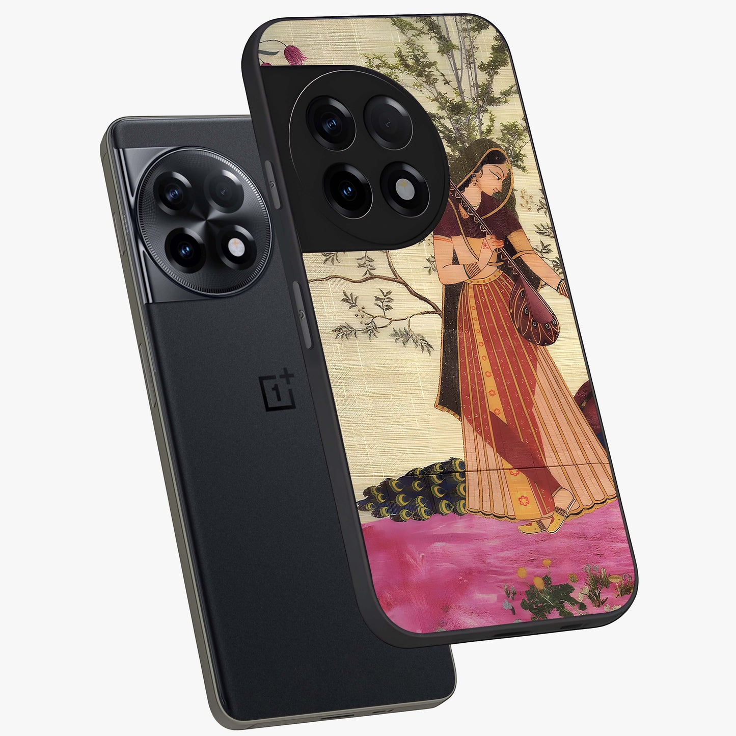 Lady With Veena Art Glass Case for 1+11R angled mockup showcasing glossy finish and refined artistic detailing