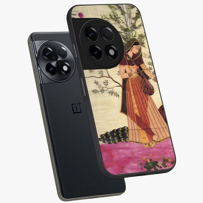 Lady With Veena Art Glass Case for 1+11R angled mockup showcasing glossy finish and refined artistic detailing