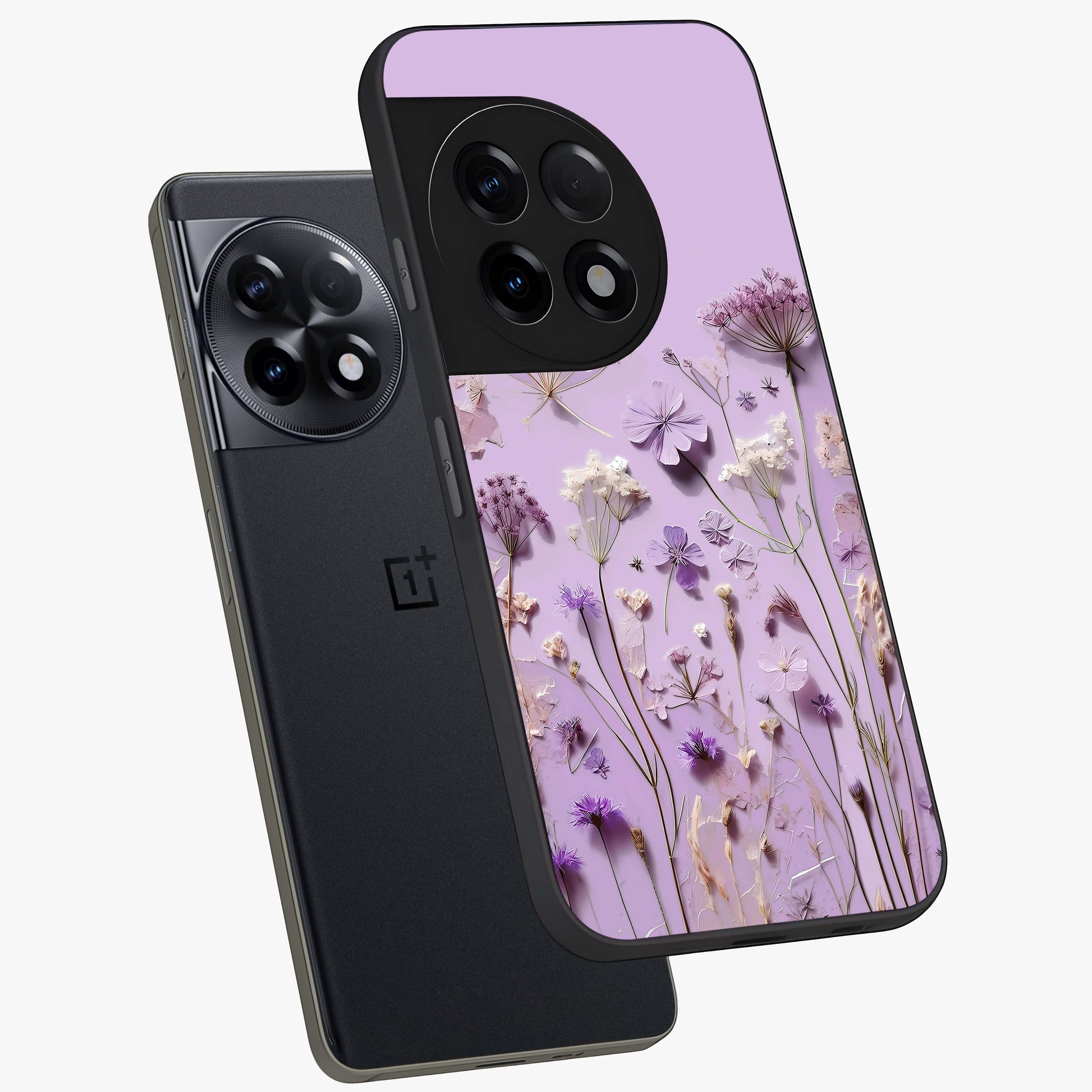 Lavender Blossom Dream Glass Case for 1+11R angled mockup showcasing glossy finish and pastel purple tones
